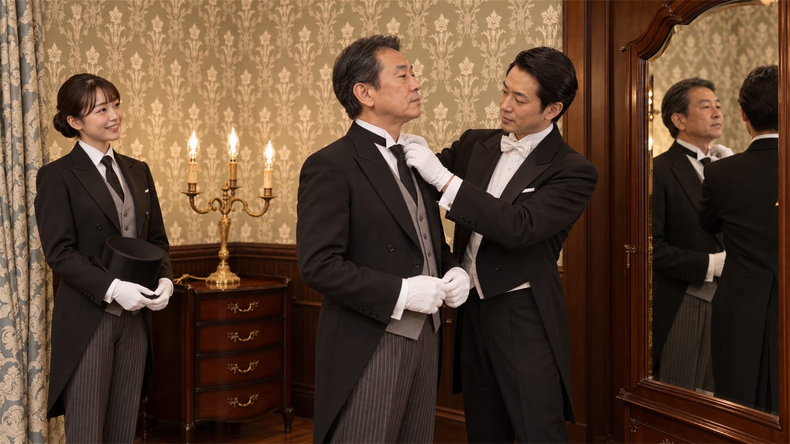 ワードローブで、50代の男性見習いの襟と白手袋を執事が整え、若い女性見習いがシルクハットを持って待つ