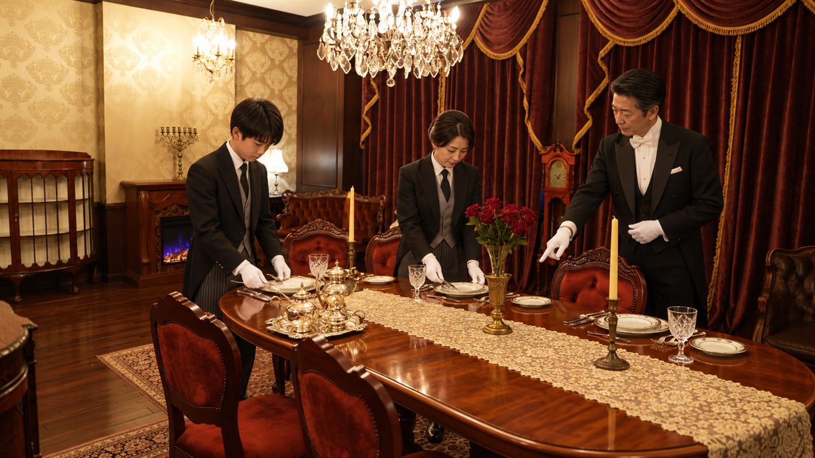正餐の間で、母と息子の見習いが銀器と磁器を執事の指さす順に並べる