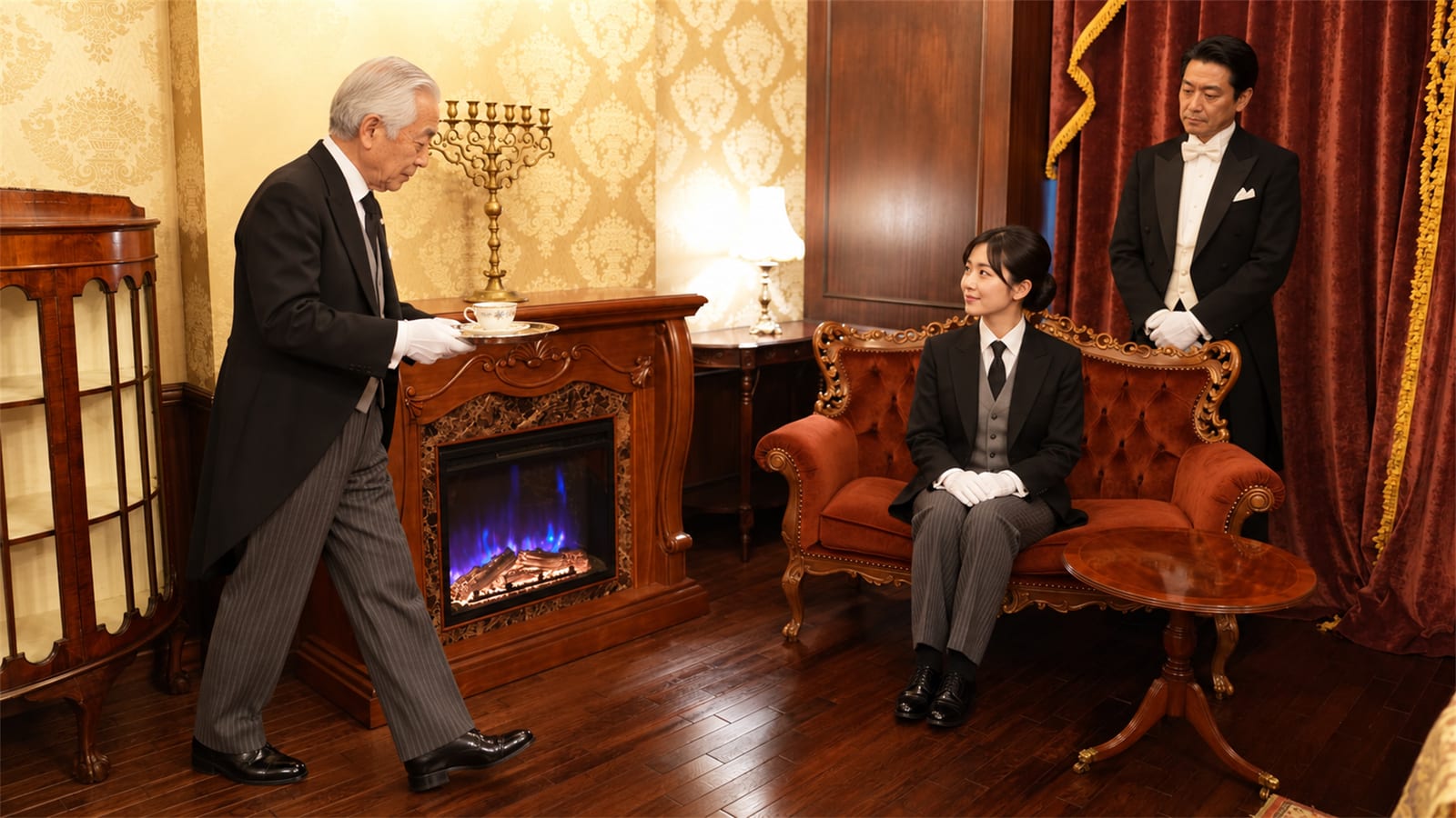 暖炉の間で、70代の男性見習いが銀の盆で紅茶を運び、若い女性見習いがご主人さま役で座る