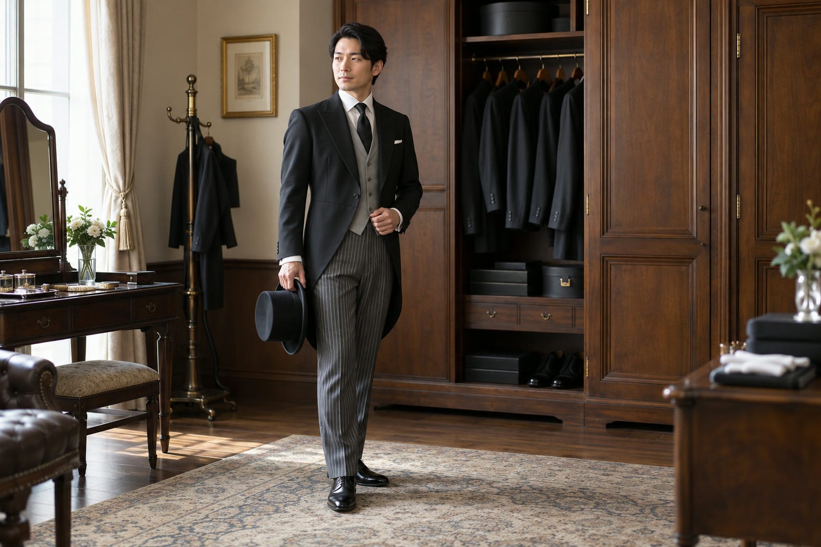 衣装部屋でシルクハットを手に持つ執事(室内では被らない)