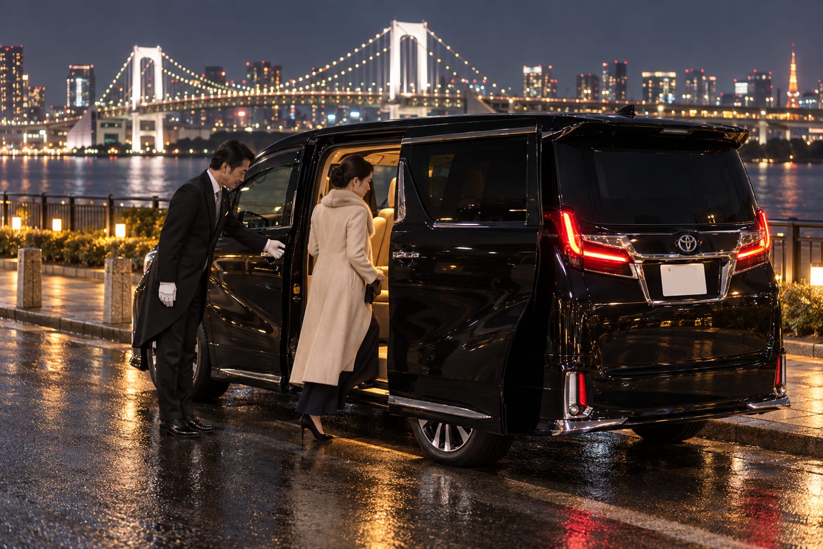 夜の海辺で、執事がアルファードの扉を開けてご主人さまを迎える
