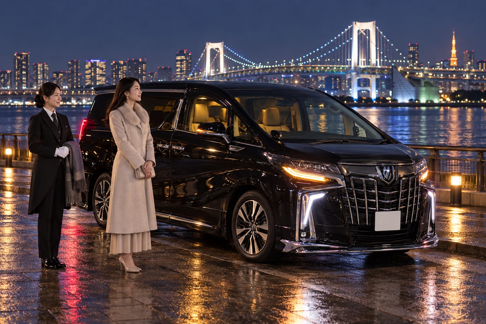 送迎車から望む夜のレインボーブリッジ