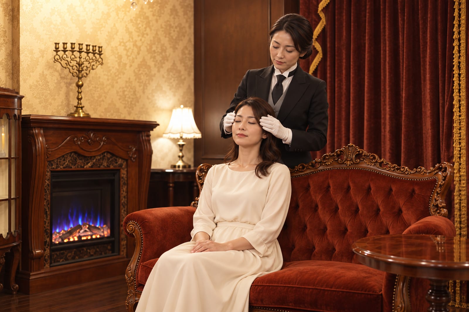 女性の執事がソファのご主人さまへ心づかいをする場面