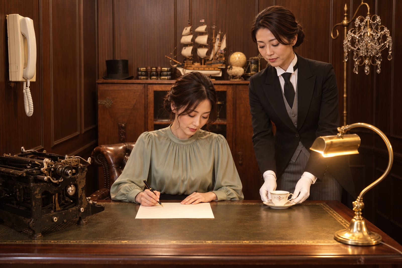 書斎で手紙と記録に目を通す女性の執事