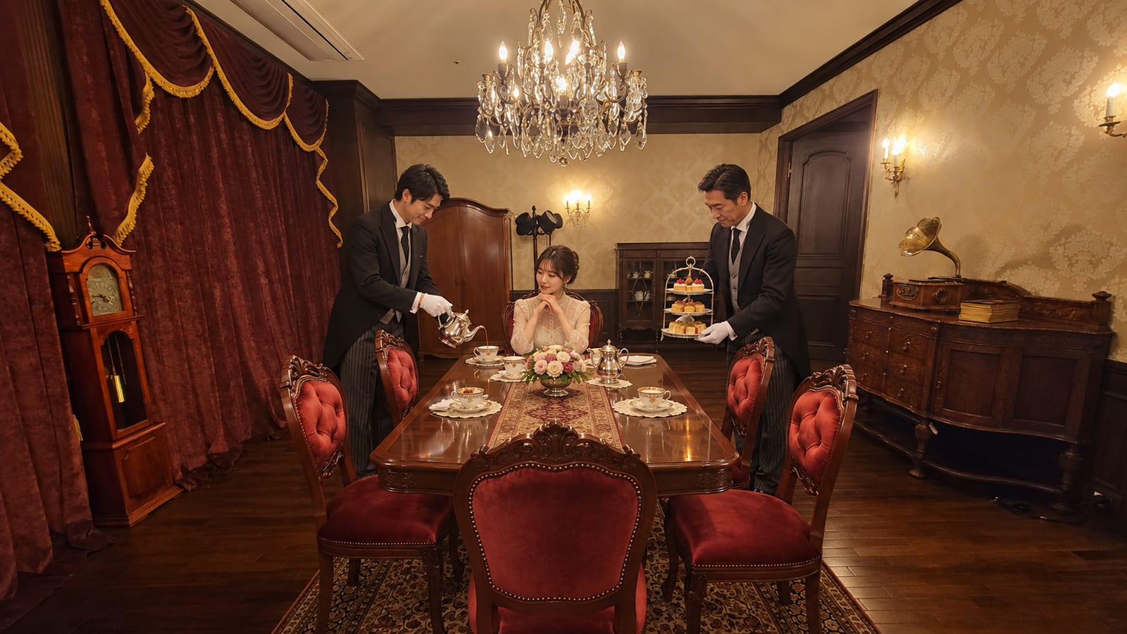 サロンの広間で、お嬢様に二人の執事が紅茶とケーキスタンドをお運びする給仕の風景