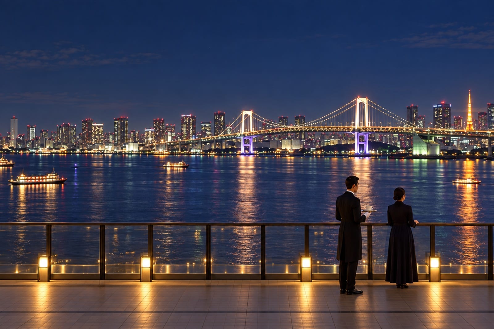 屋上で夜景を眺めるご主人さまと紅茶を運ぶ執事