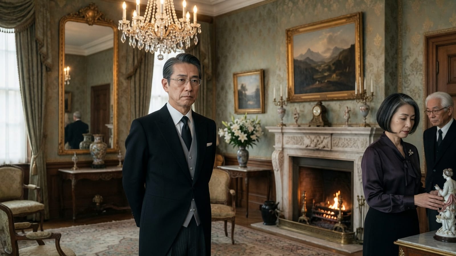 全日本執事協会の公式サイトより。客間でモーニングコート姿の年長の執事が佇む場面