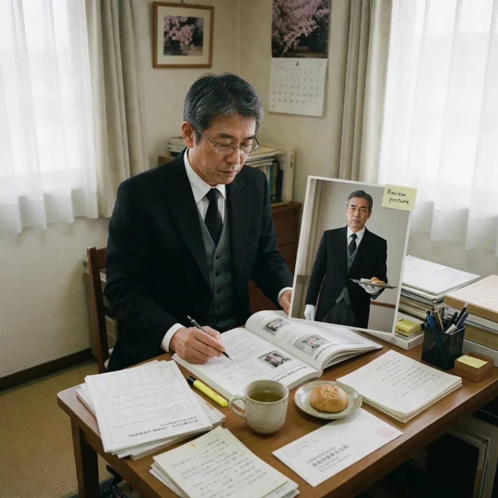 全日本執事協会の公式サイトより。窓辺の机で資料に向かい、認定の学びを進める執事
