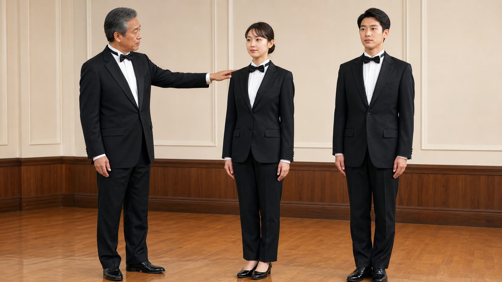 全日本執事協会の公式サイトより。職務の基本姿勢を講師と確かめ合う執事の研修