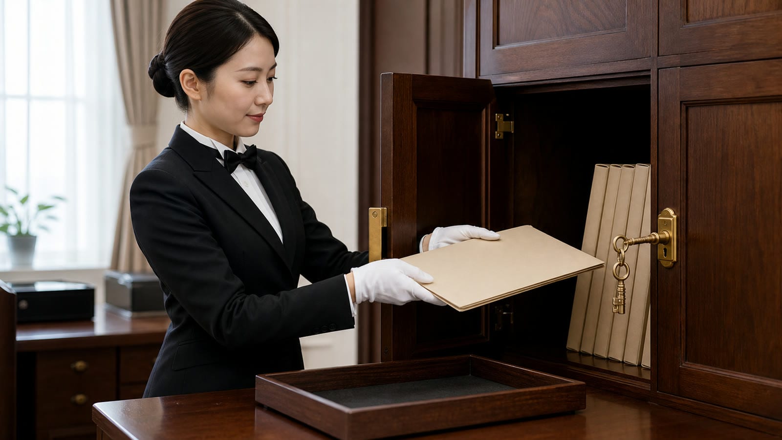 全日本執事協会の公式サイトより。封筒を保管棚へ収めて情報を守る執事