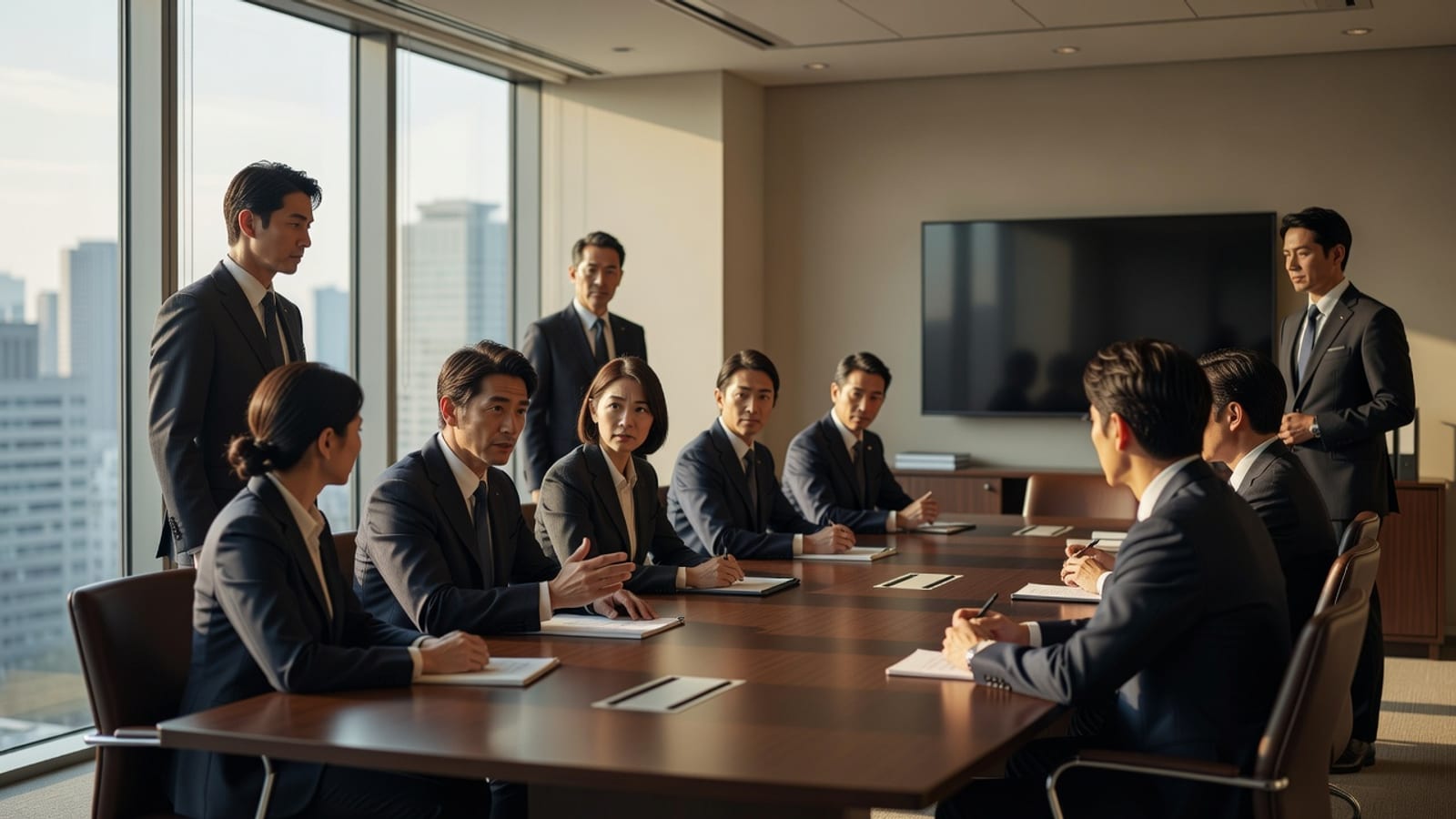 執事ベルの公式サイトより。窓の広い会議室で、スーツ姿の男女が卓を囲んで打ち合わせる場面
