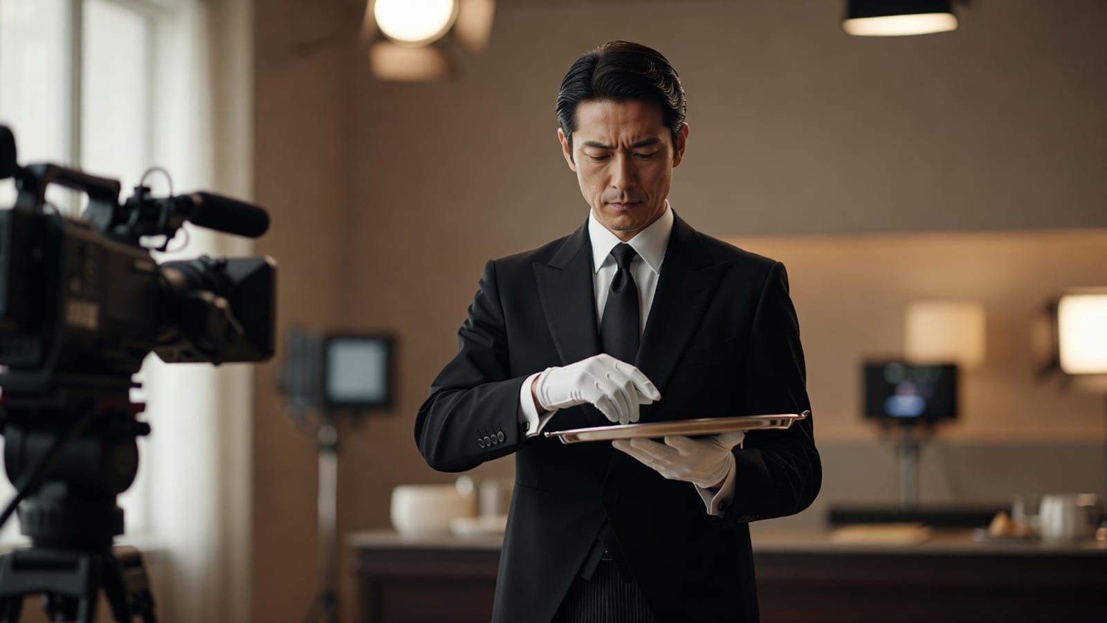 執事ベルの公式サイトより。カメラの前でトレイを手に所作を実演する執事