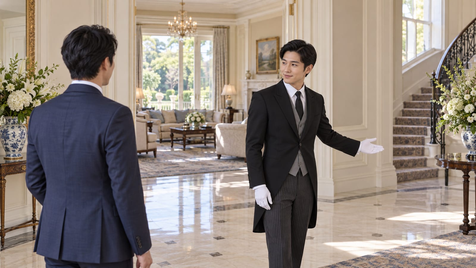 THE BUTLERの公式サイトより。明るい邸宅の玄関で若い執事が来客を室内へ案内する場面