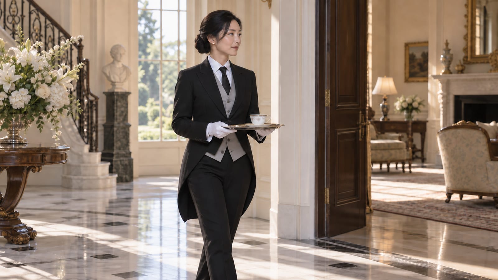 THE BUTLERの公式サイトより。午後の玄関ホールで女性執事が紅茶のトレーを運ぶ場面