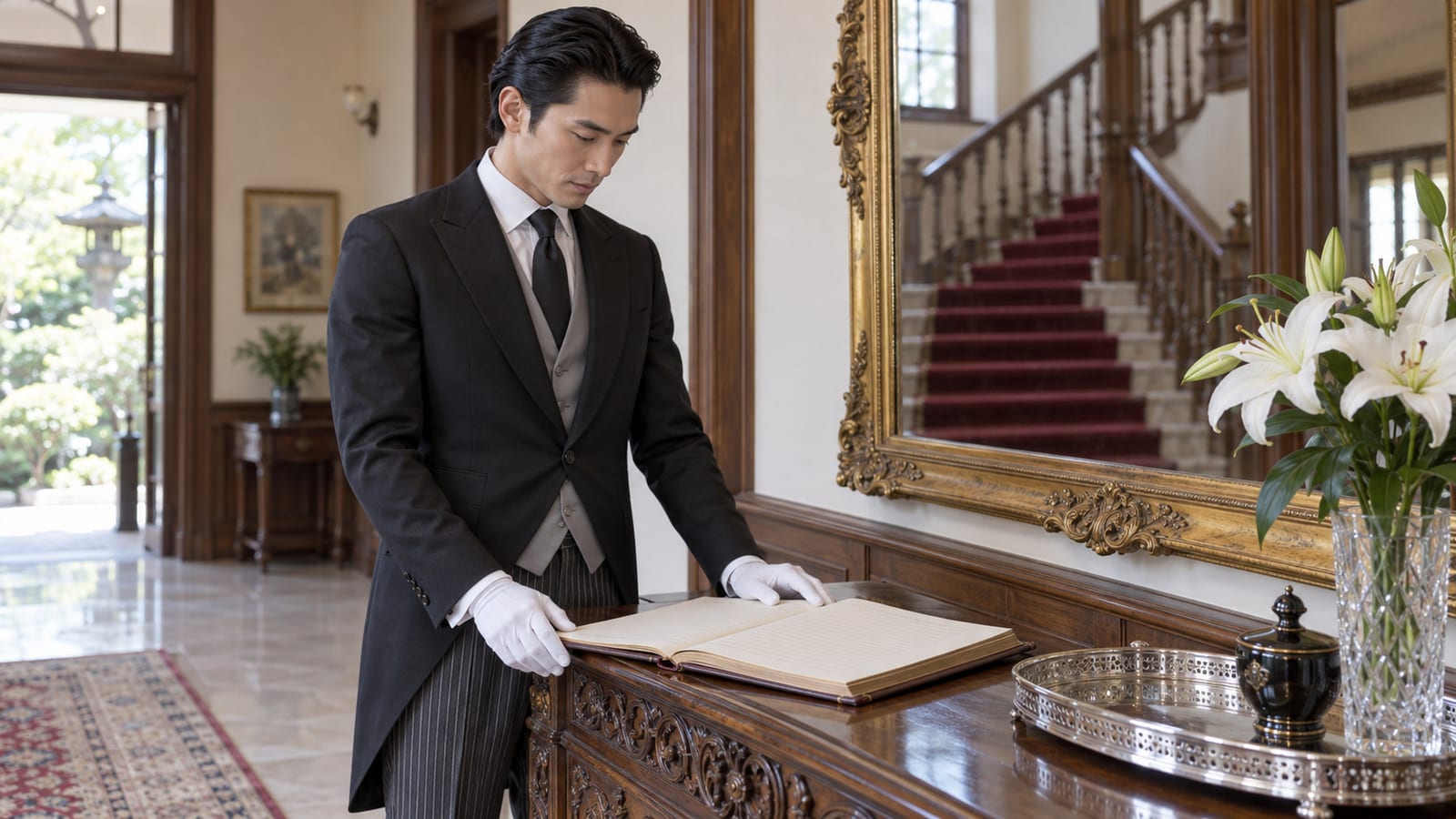 THE BUTLERの公式サイトより。玄関ホールで執事が家政日誌を確かめる場面
