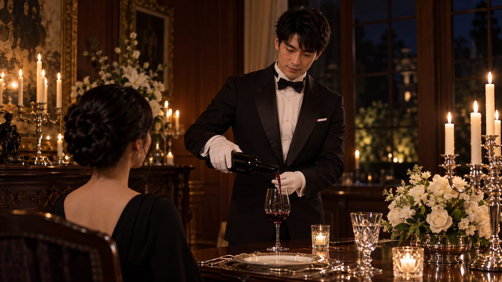 THE BUTLERの公式サイトより。晩餐の食卓で執事がワインを注ぐ場面