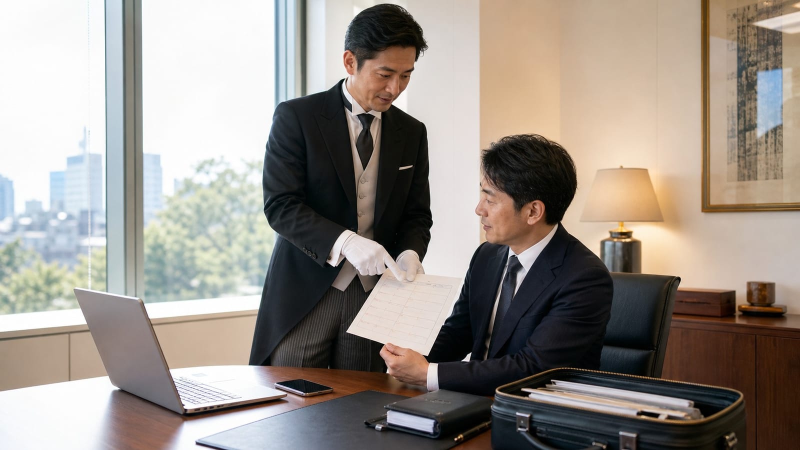 THE BUTLERの公式サイトより。モーニングコート姿のデイバトラーが役員室で一日の予定表を示す場面