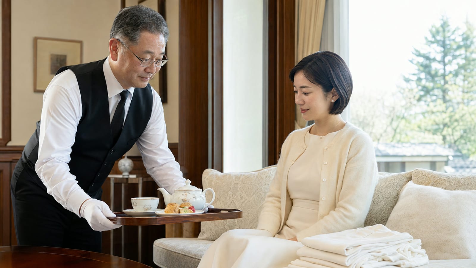 THE BUTLERの公式サイトより。窓辺のソファに座る女性に、執事が盆に載せた茶菓を運ぶ場面