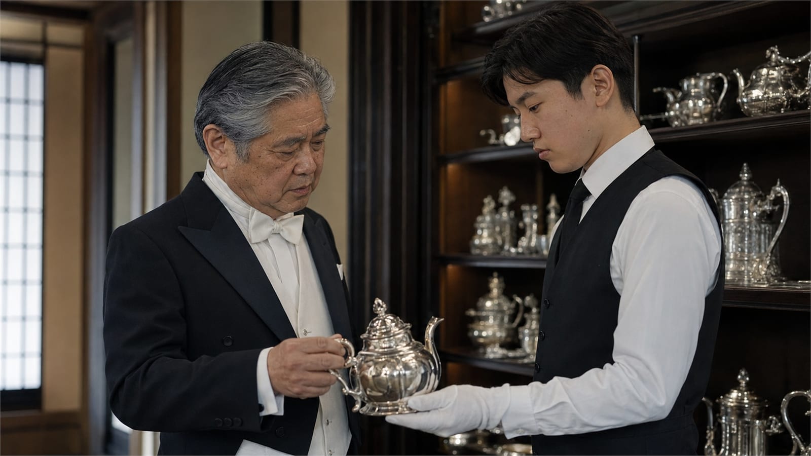 THE BUTLERの公式サイトより。年長の執事が若い執事に銀器を手渡し、階級に応じた技を伝える場面