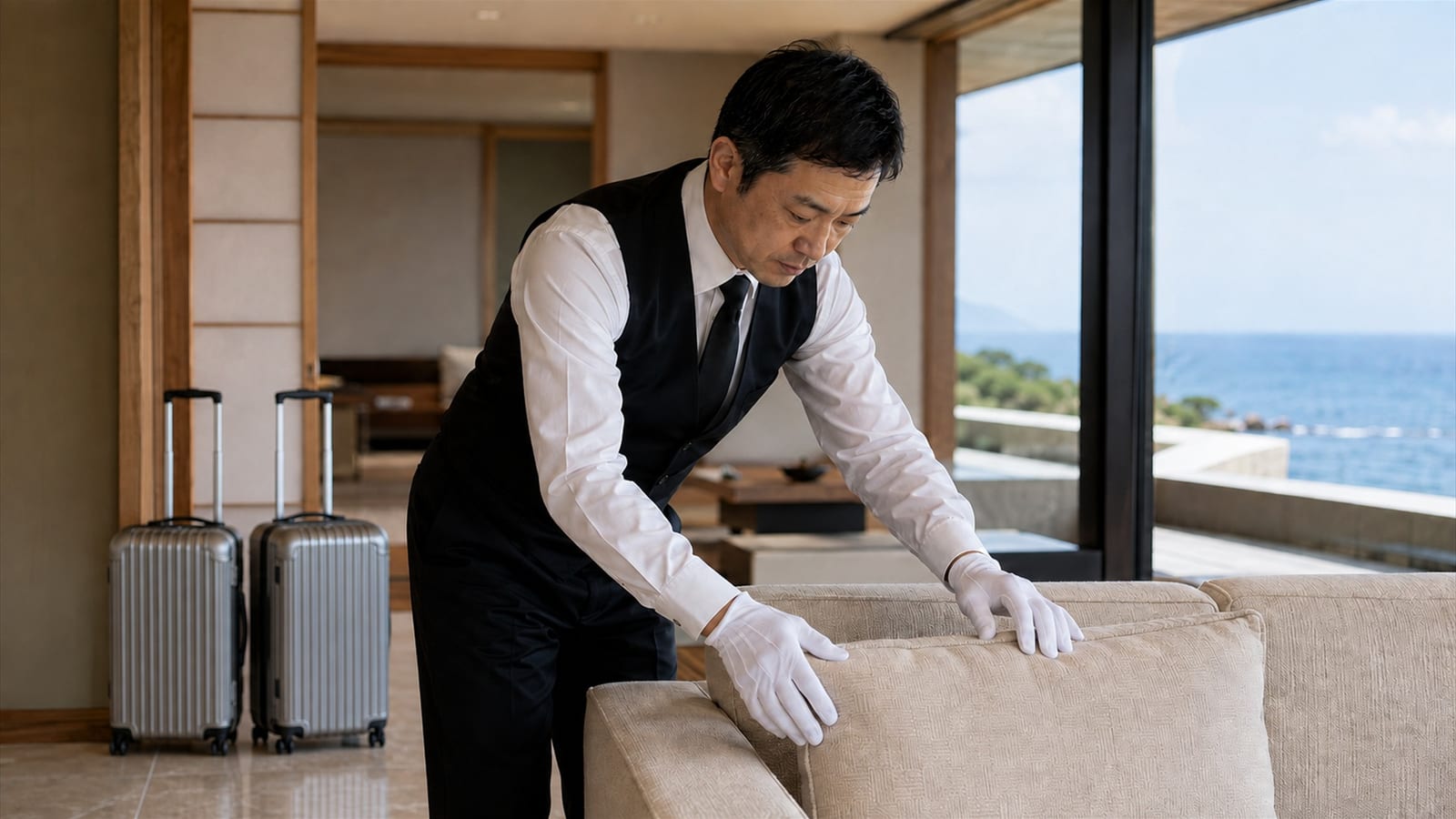 THE BUTLERの公式サイトより。海辺の別荘に着いた執事がソファを整え、旅装の荷物が脇に置かれた場面