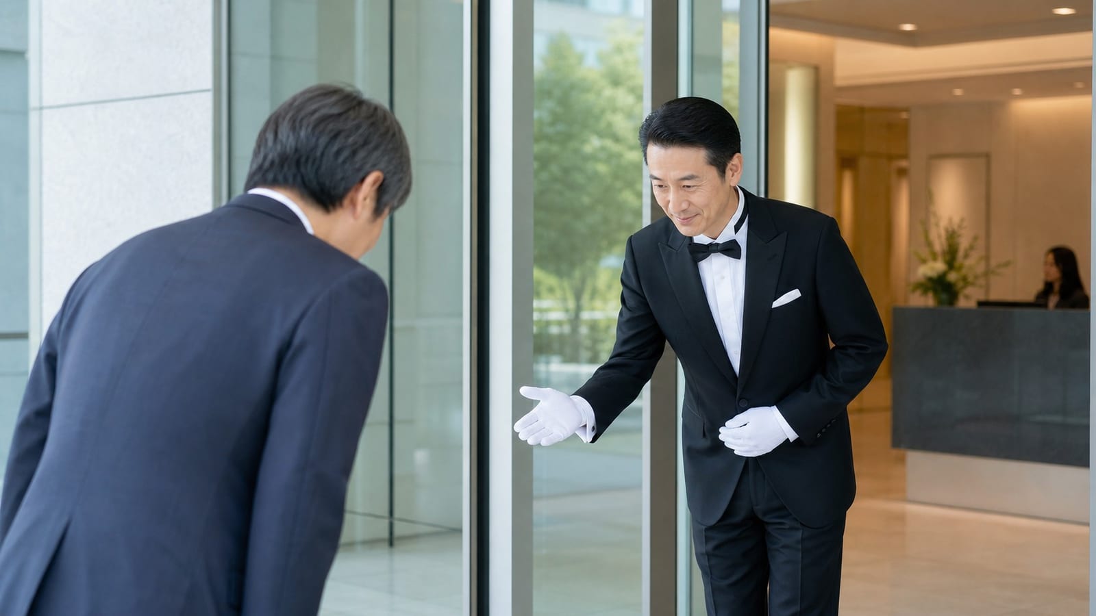 THE BUTLERの公式サイトより。企業の玄関で執事が来訪者を出迎える受付の場面