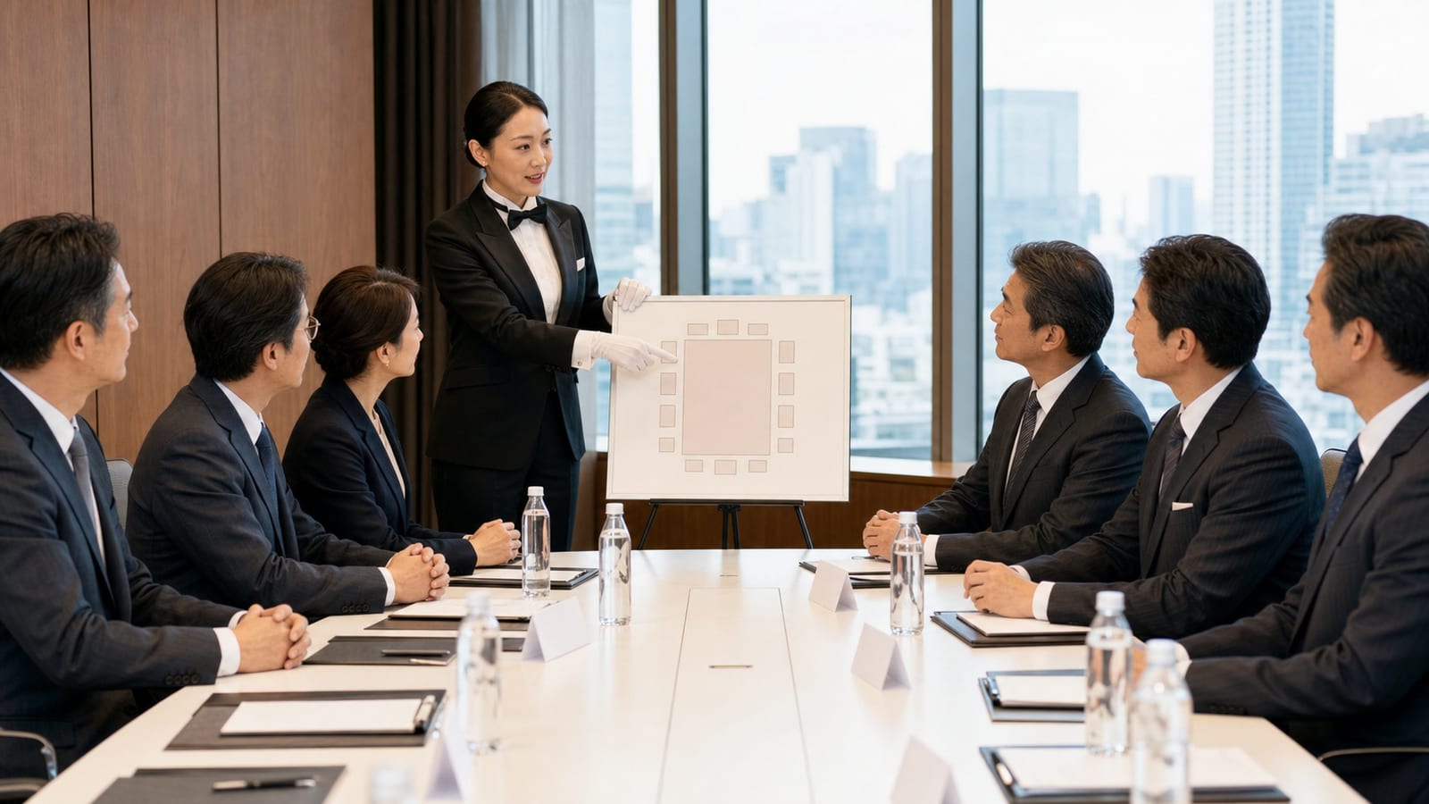 THE BUTLERの公式サイトより。会議室で執事が席次と挨拶の所作を指導する研修の場面
