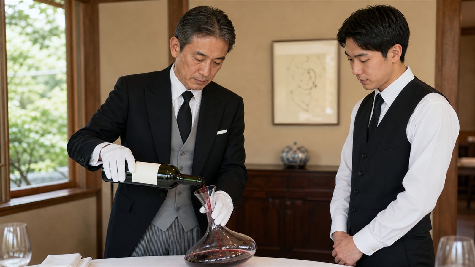 THE BUTLERの公式サイトより。執事がワインを供する所作を実演する研修の場面