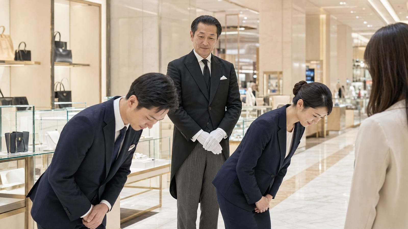 THE BUTLERの公式サイトより。上質な売場で、モーニングコート姿の執事が二人の従業員にお辞儀の所作を指導する場面