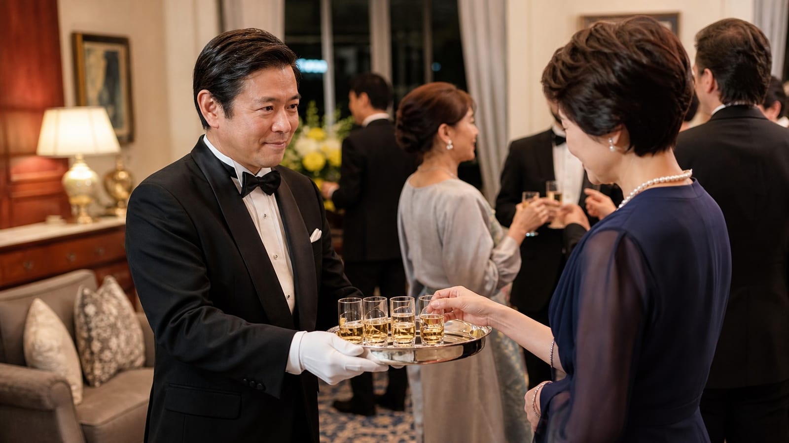 THE BUTLERの公式サイトより。邸宅の催しで執事がゲストへ飲み物を配る場面