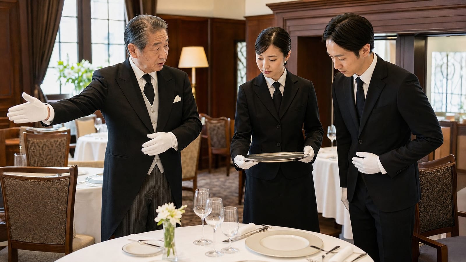 THE BUTLERの公式サイトより。飲食の現場で執事が給仕の所作を実演して指導する場面